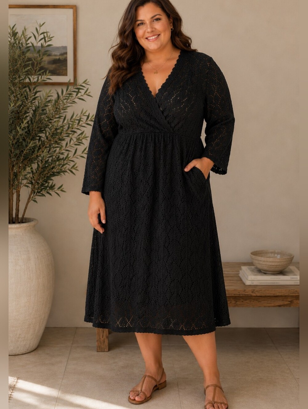 NWT Lane Bryant Black Lace Knit Midi Dress 22/24 Plus Romantic Boho Cottagecore